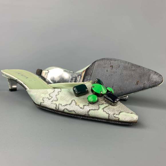 PRADA Green Embellishments Silk Kitten Heel Pumps - Picture 4 of 7
